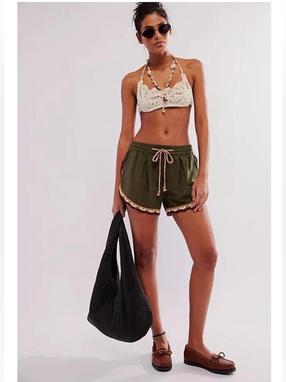Free People Coastal Cruise pull on Olive Crochet-Trim Shorts - Picture 2 of 9